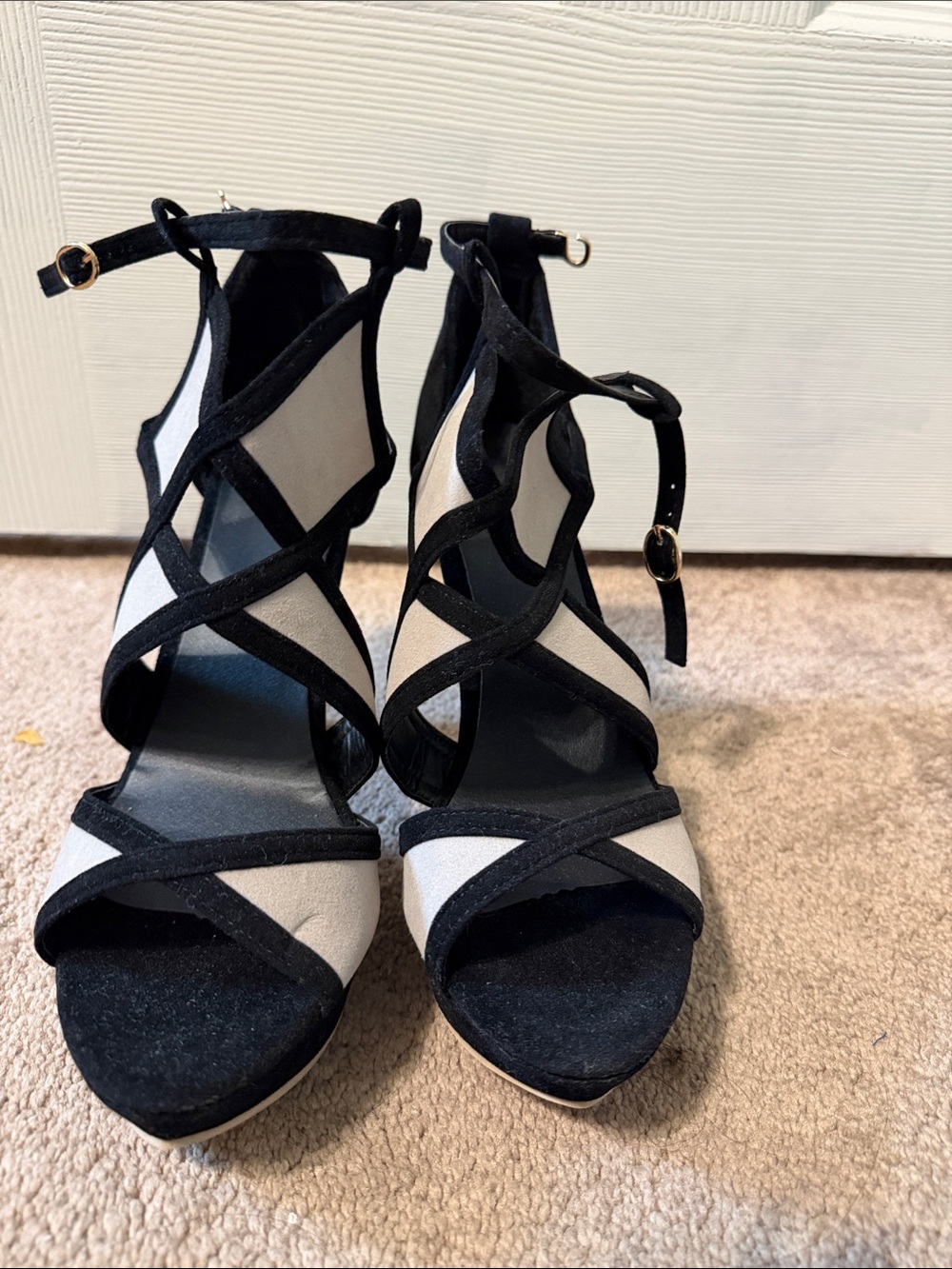 Women's Black and White Strappy Ankle‑Buckle Heels